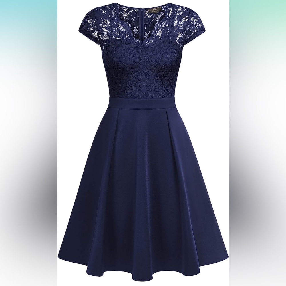 Vestido y es azul marino, el tamaño es XL. Dress the color is navy blue size XL.